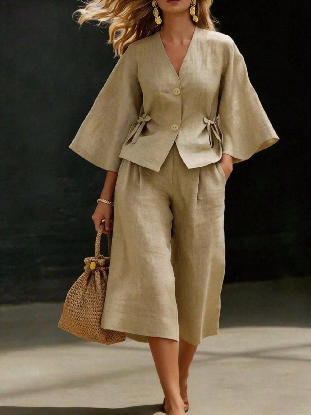 Apricot Casual Women's 2-Piece Set V-Neck Tie Accent Top & Wide Leg Capri Pants